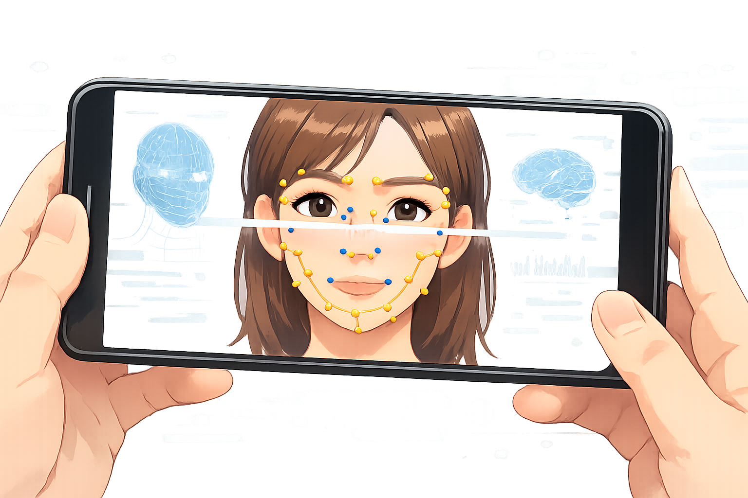 スマートフォンの画面に顔がスキャンされ、AIが顔の輪郭や目鼻立ちにポイント(ランドマーク)を打って分析している様子のCGイラスト