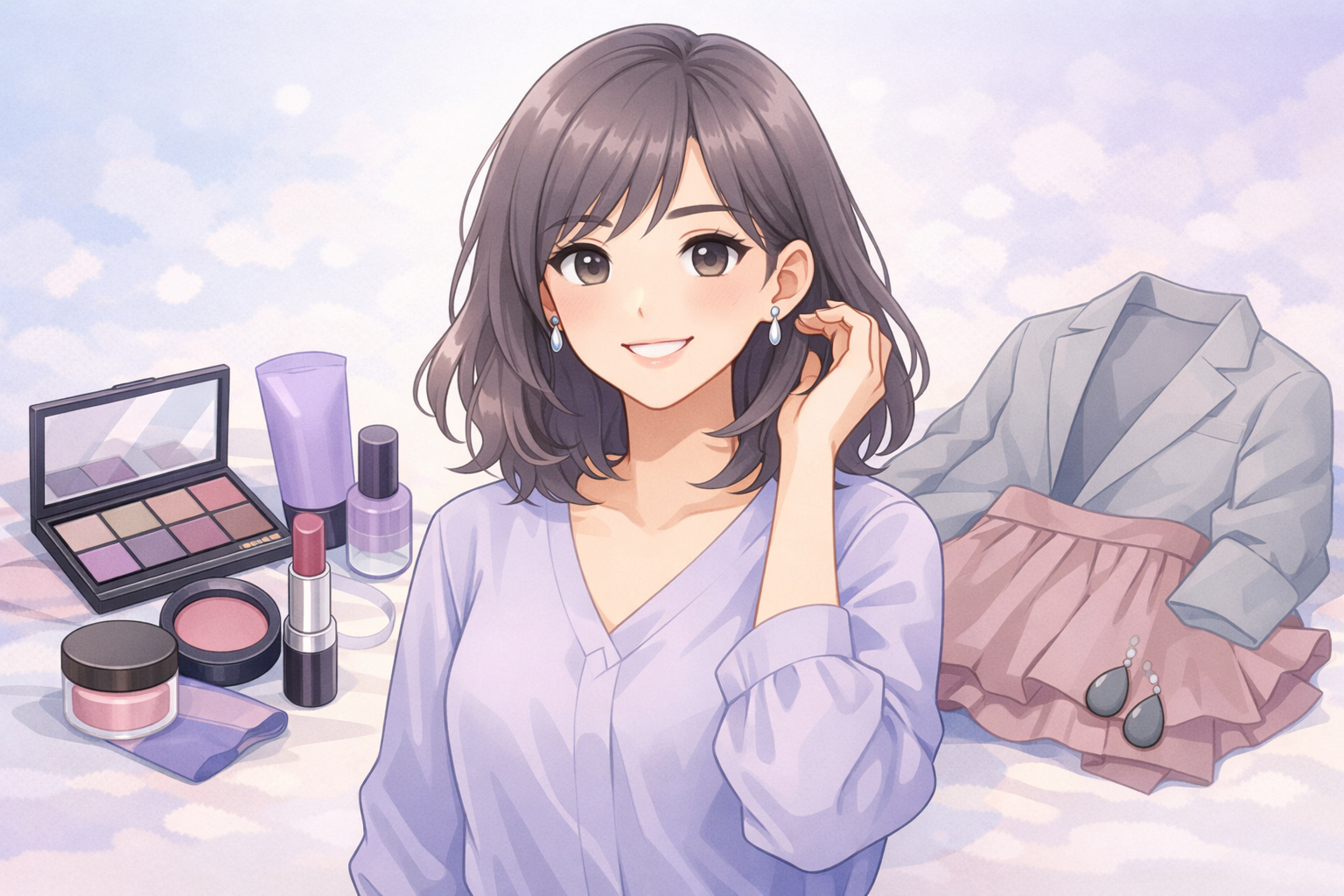 ブルベ夏のカラーパレットを取り入れた、自信に満ちた笑顔の女性と、使用したコスメや服の配置イメージ