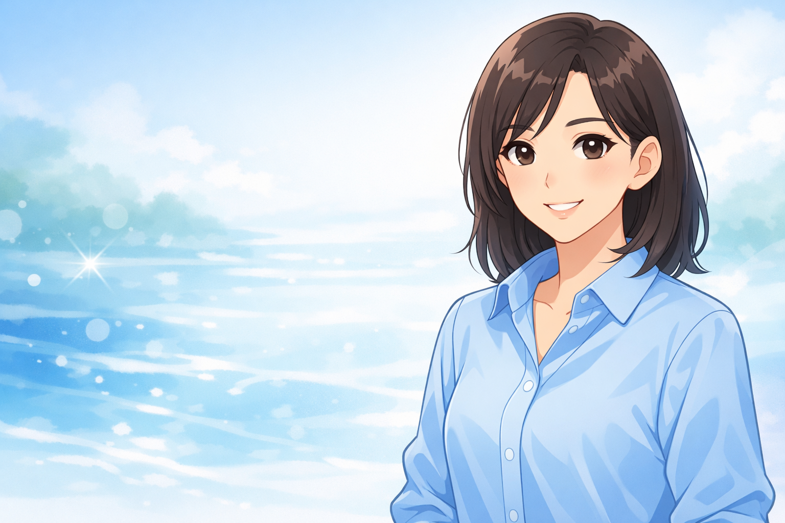 清潔感のある青いシャツを着て、自信に満ちた柔らかな笑顔を見せる女性のポートレート