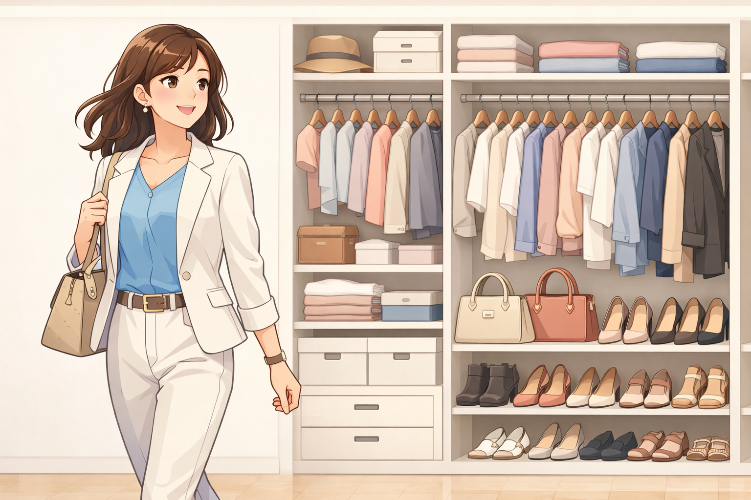 自分に似合う服とメイクで自信に満ちた表情で歩く女性と、クローゼットがきれいに整理されている様子を描いたイラスト