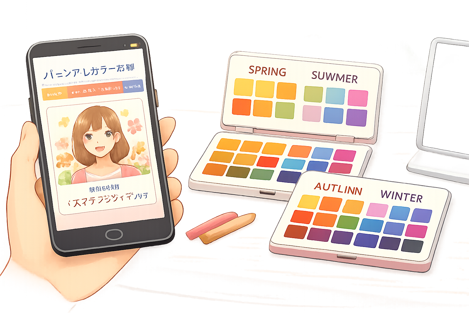 スマートフォンのアプリ画面と、手頃な価格で提供される簡易的なカラーパレットのイメージ