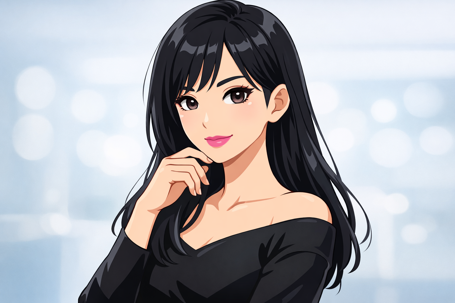 自信に満ちた表情で、鮮やかな青みピンクのリップとブラックのトップスを着こなす女性のポートレート