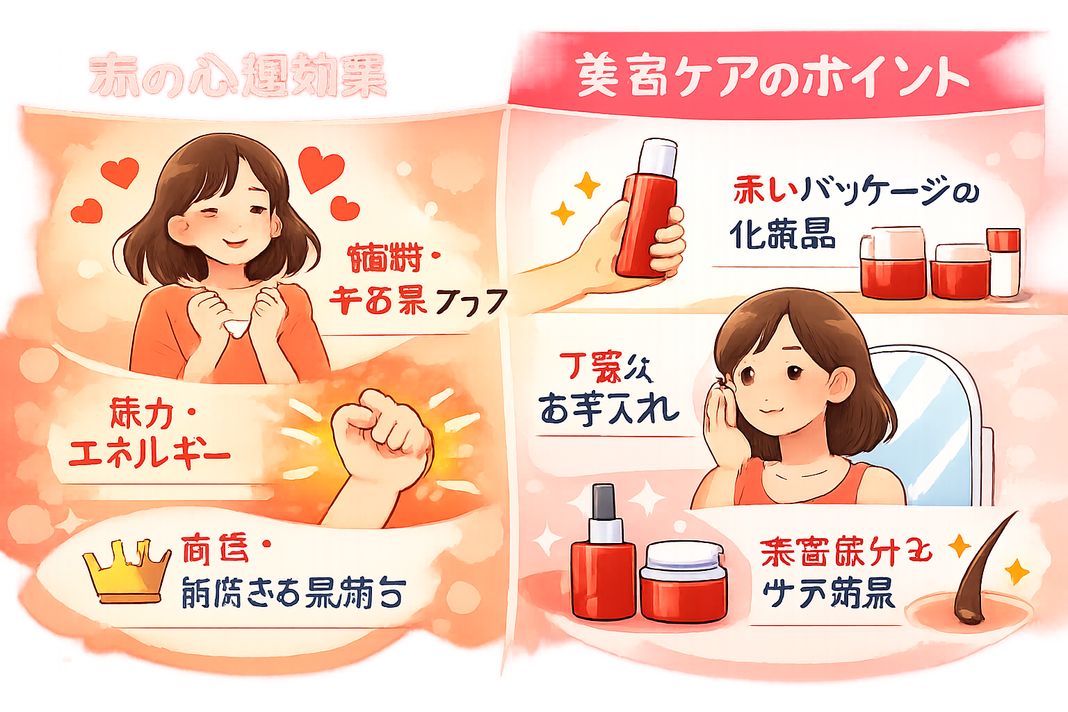 赤のイメージがもたらす心理効果と美容ケアの要点を示すインフォグラフィック画像