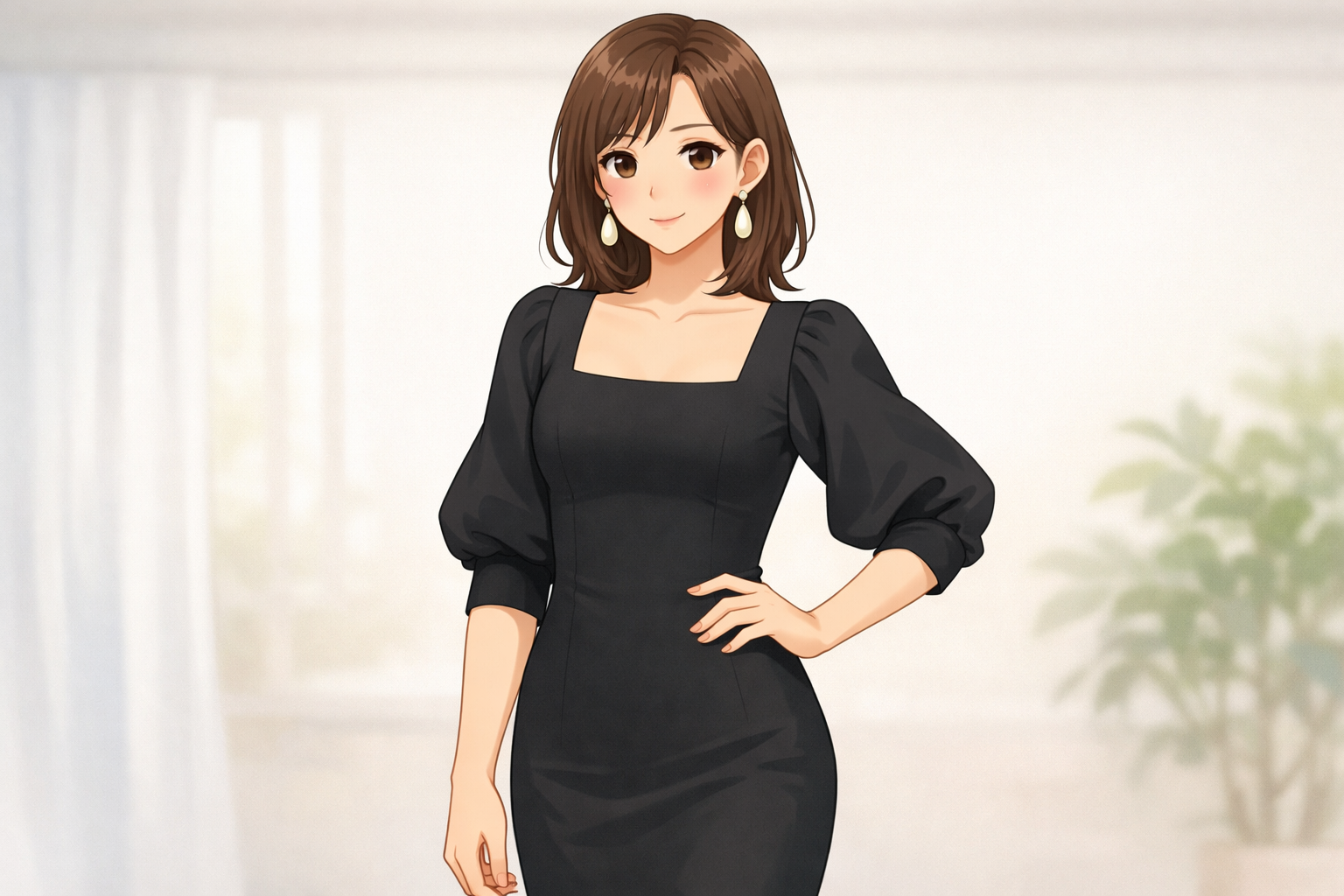 首元がすっきり開いたスクエアネックで、袖にボリュームがあるタイトワンピース