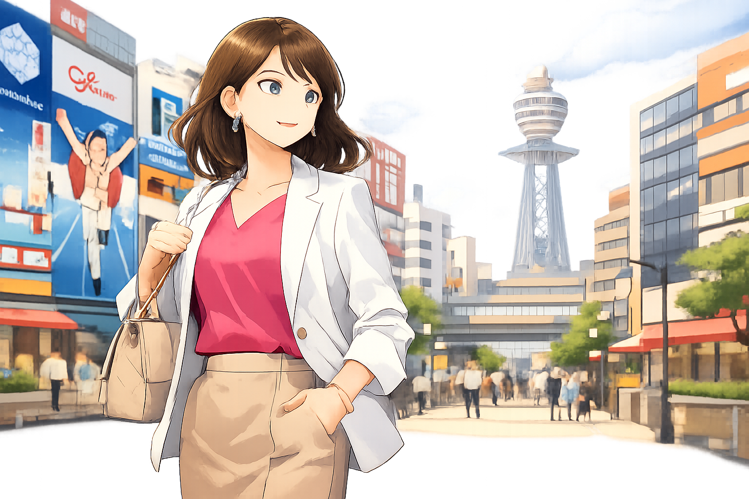 診断結果を元に美しく整えられたメイクアップとファッションを身に纏い、自信に満ちた表情で大阪の街を歩く女性