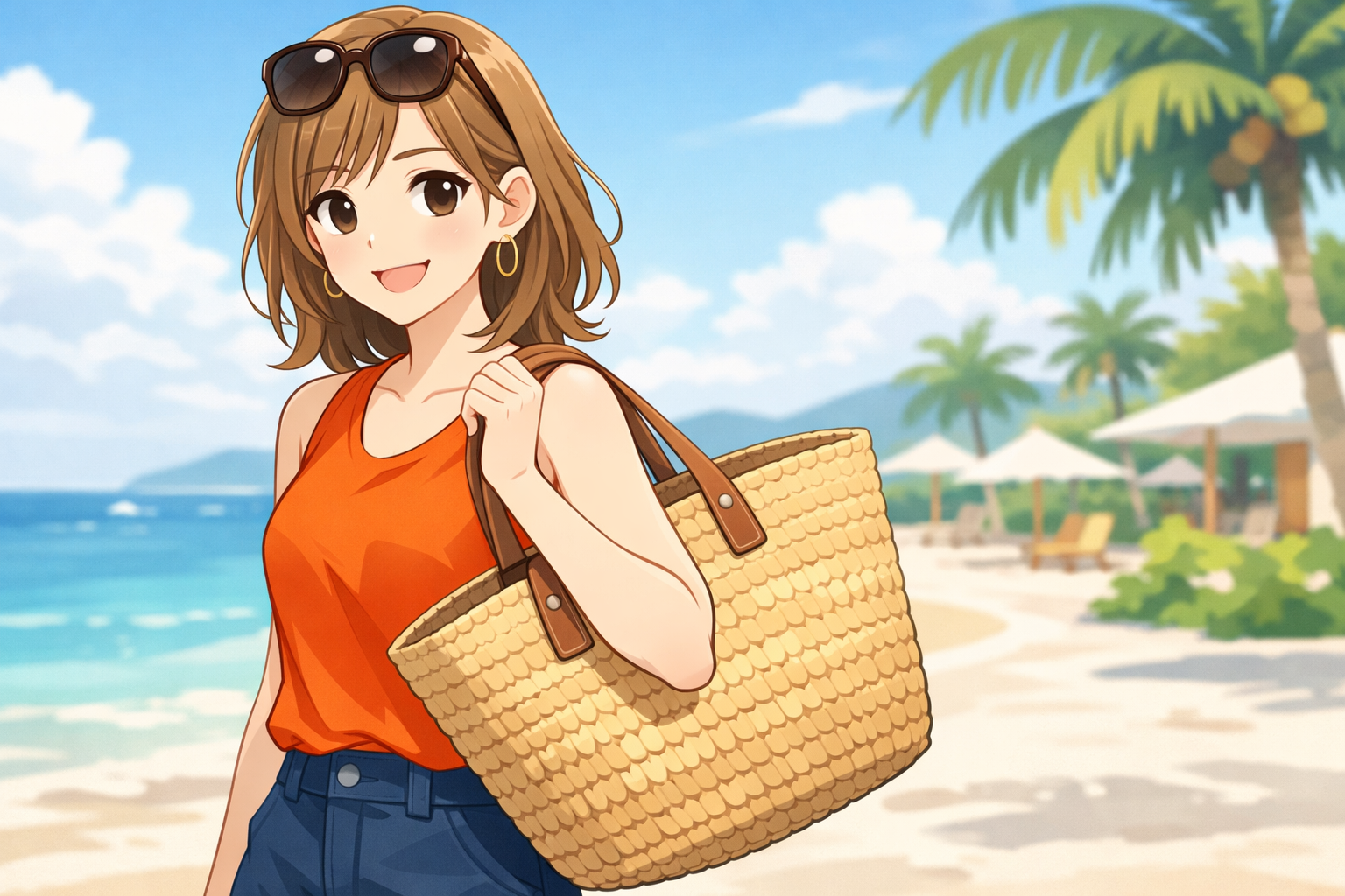 鮮やかなオレンジのノースリーブトップスに、大ぶりのカゴバッグを合わせた夏の装い