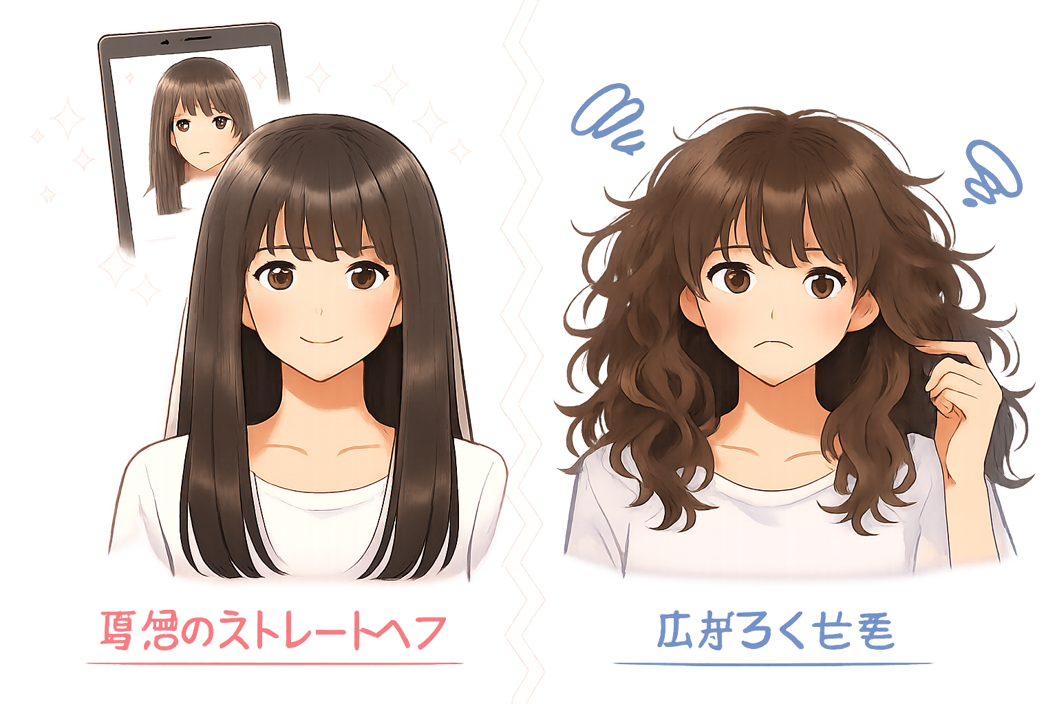 アプリ上の理想的なストレートヘアの合成画像と、実際のくせ毛や広がりやすい髪質のギャップを示し、注意を促すイラスト