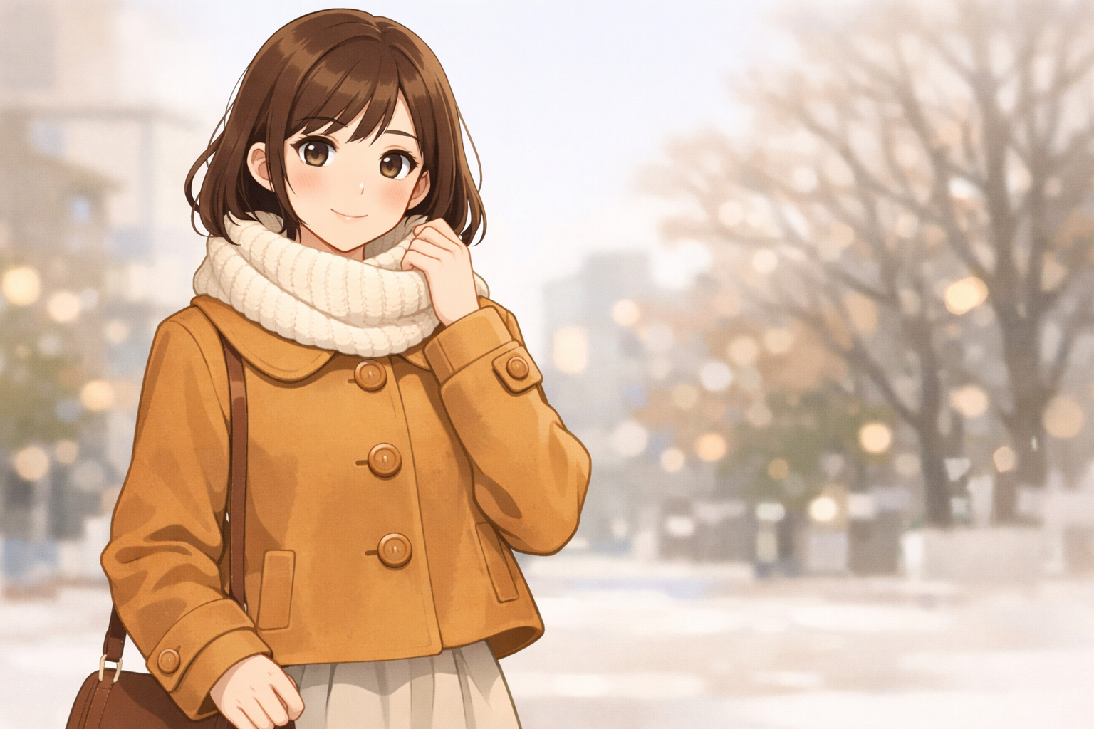 大きめの丸襟がついたショート丈のキャメルウールコートを着た女性