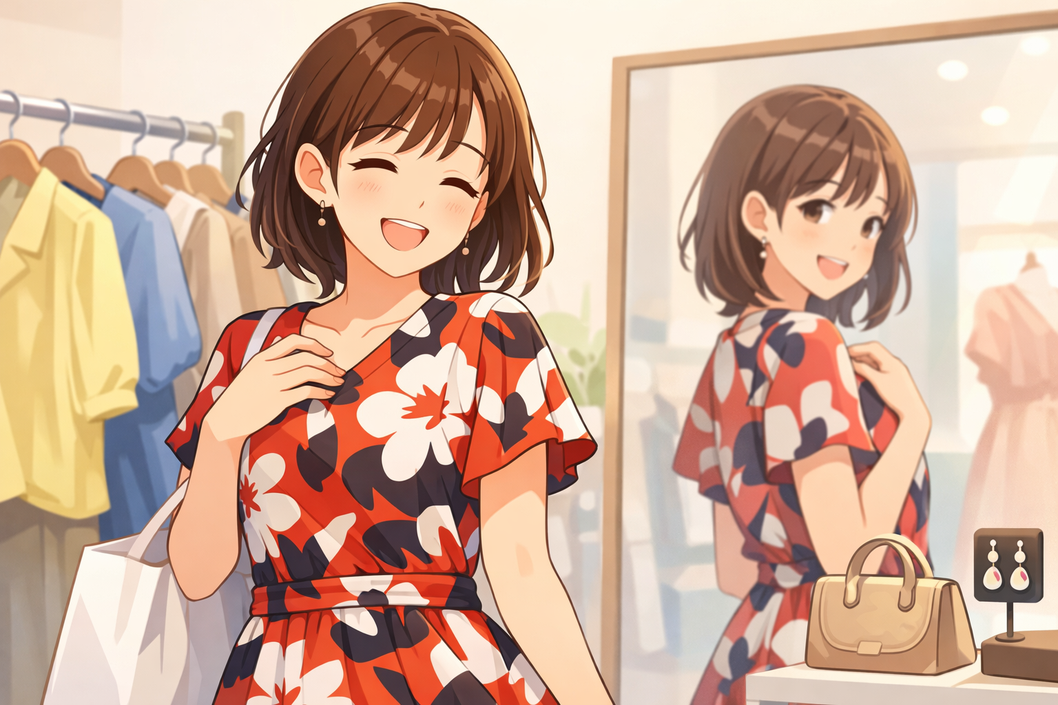 笑顔の女性が自分に似合う服を見つけて満足している様子