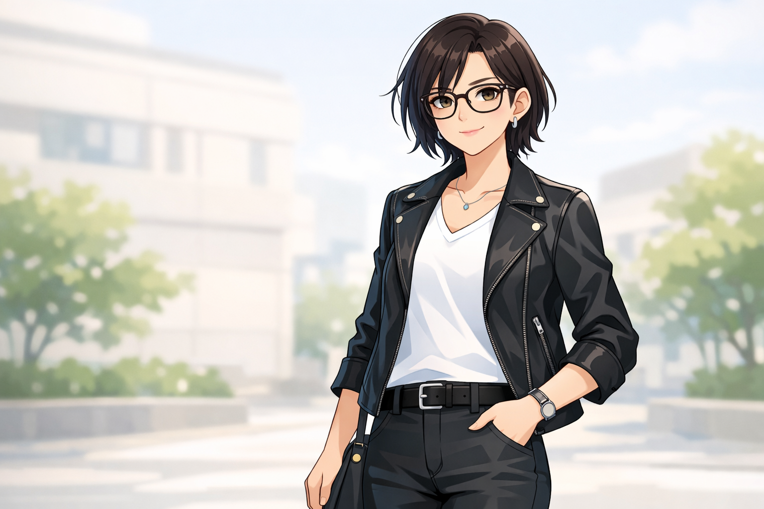 クールカジュアルタイプの魅力を最大限に引き出した、自信に満ちた女性のトータルコーディネート写真