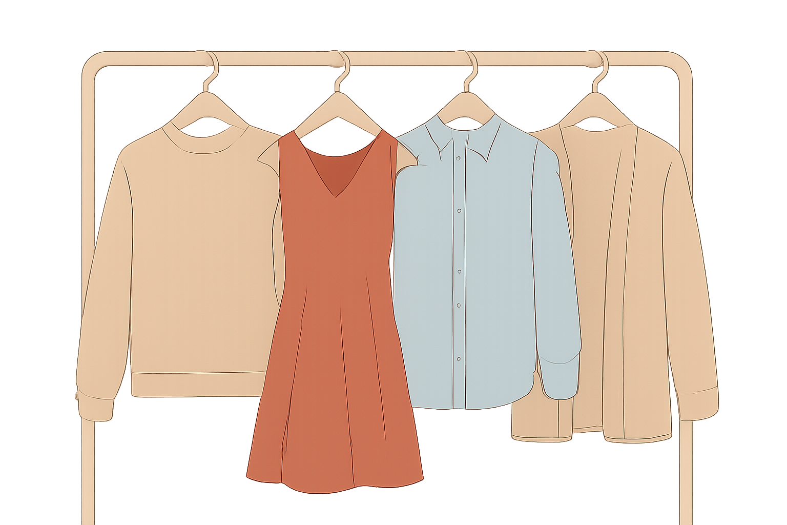 骨格診断をイメージさせる、シルエットや素材感の異なる複数の洋服がハンガーラックに並んでいる様子