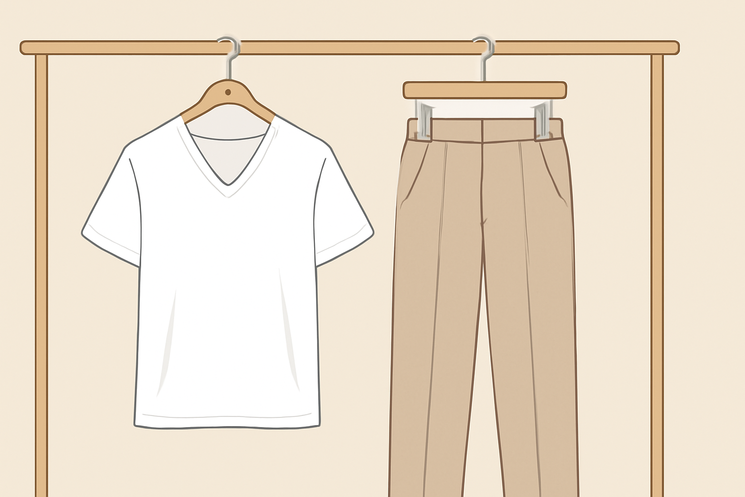 ハンガーに掛けられたシンプルなVネックの白いTシャツとセンタープレスパンツの夏服コーディネート