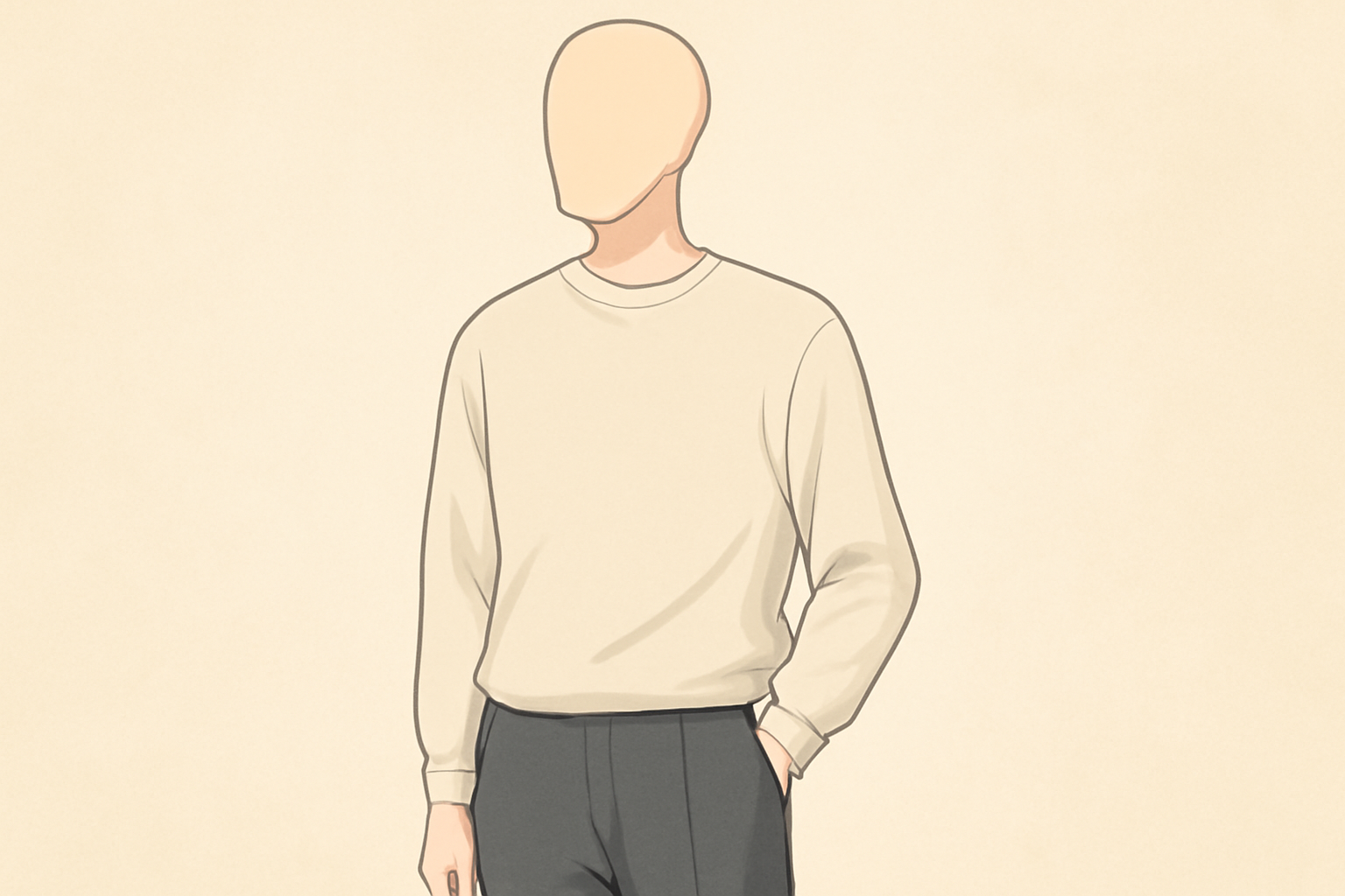 柔らかな素材の服を着た、スマートな体型の男性のシルエット
