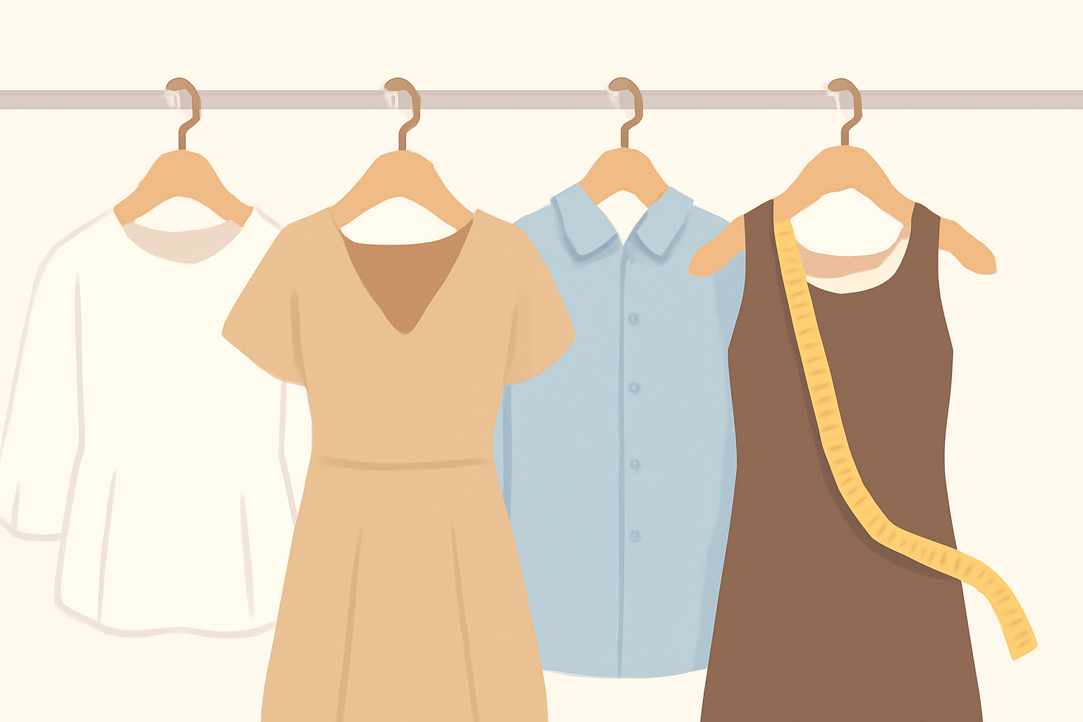 ハンガーにかかった様々なシルエットや素材の服とメジャー
