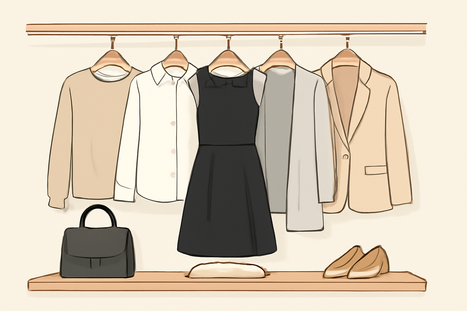 シンプルでスタイリッシュな洋服が並ぶクローゼット