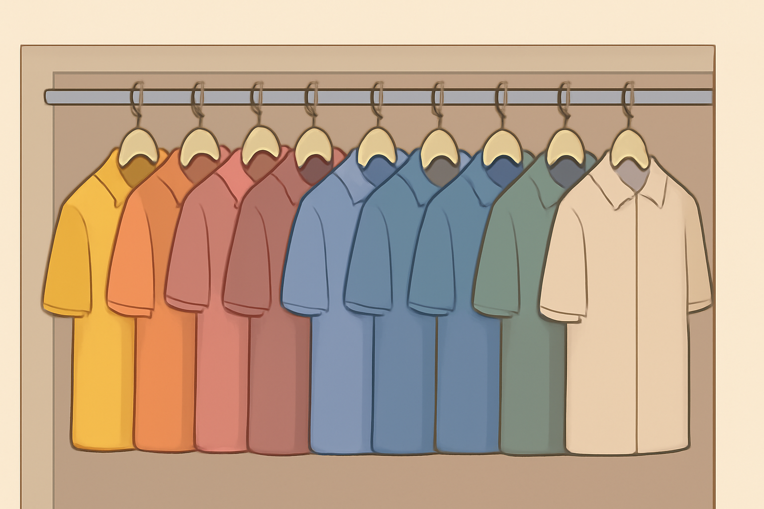 様々な色の服が綺麗にグラデーション状に並んでいるクローゼットの様子