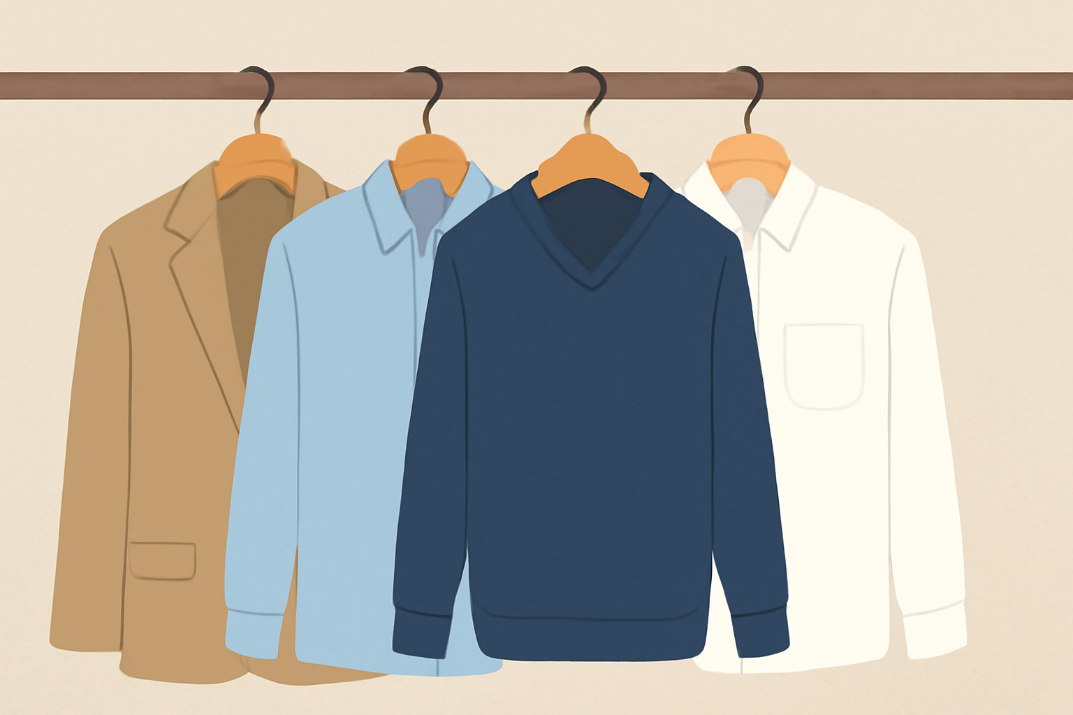 男性のジャケットやシャツなど、素材や形が異なる服が整然と並んでいる様子