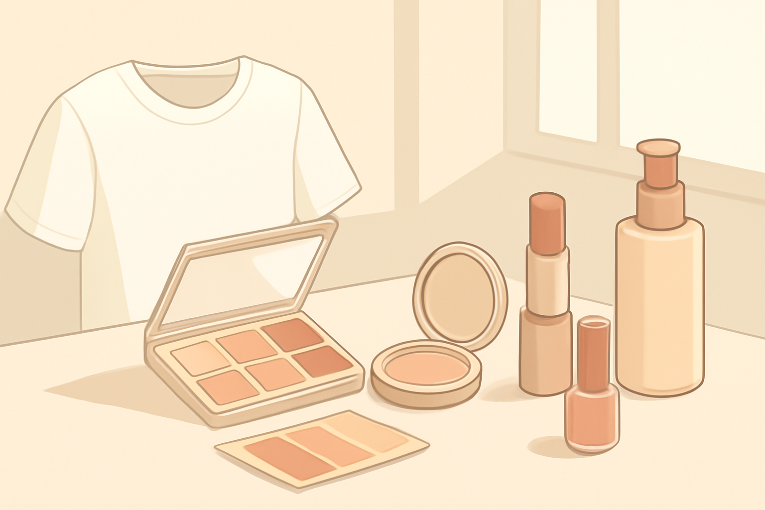 自然光が差し込む明るい部屋で、白い服を着てメイクをしている様子