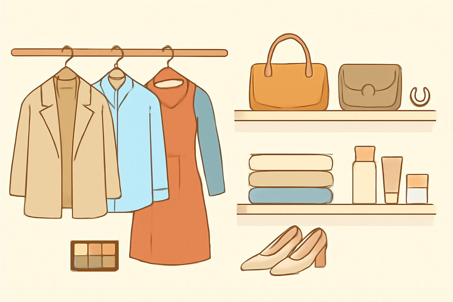様々なファッションスタイルの洋服やアクセサリーが並ぶクローゼットのイメージ