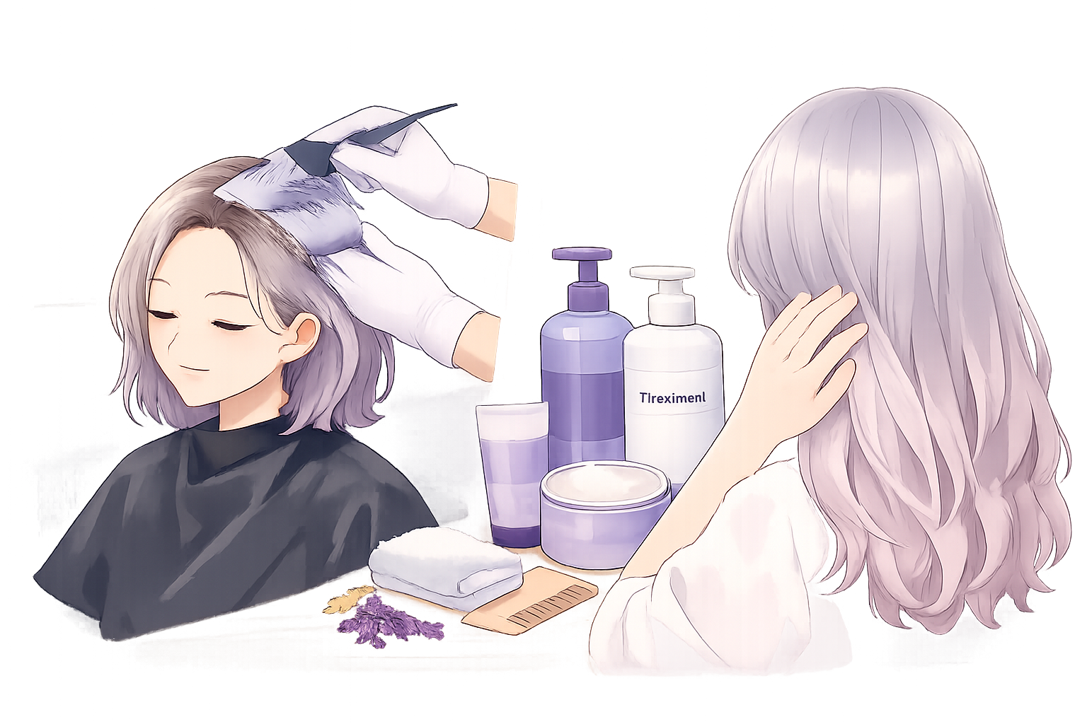 美容室でのカラーリング施術と、自宅でのヘアケアアイテムのイメージ