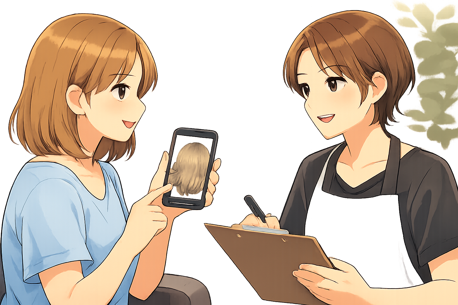 スマートフォンで希望の髪色画像を見せながら美容師にオーダーしている様子