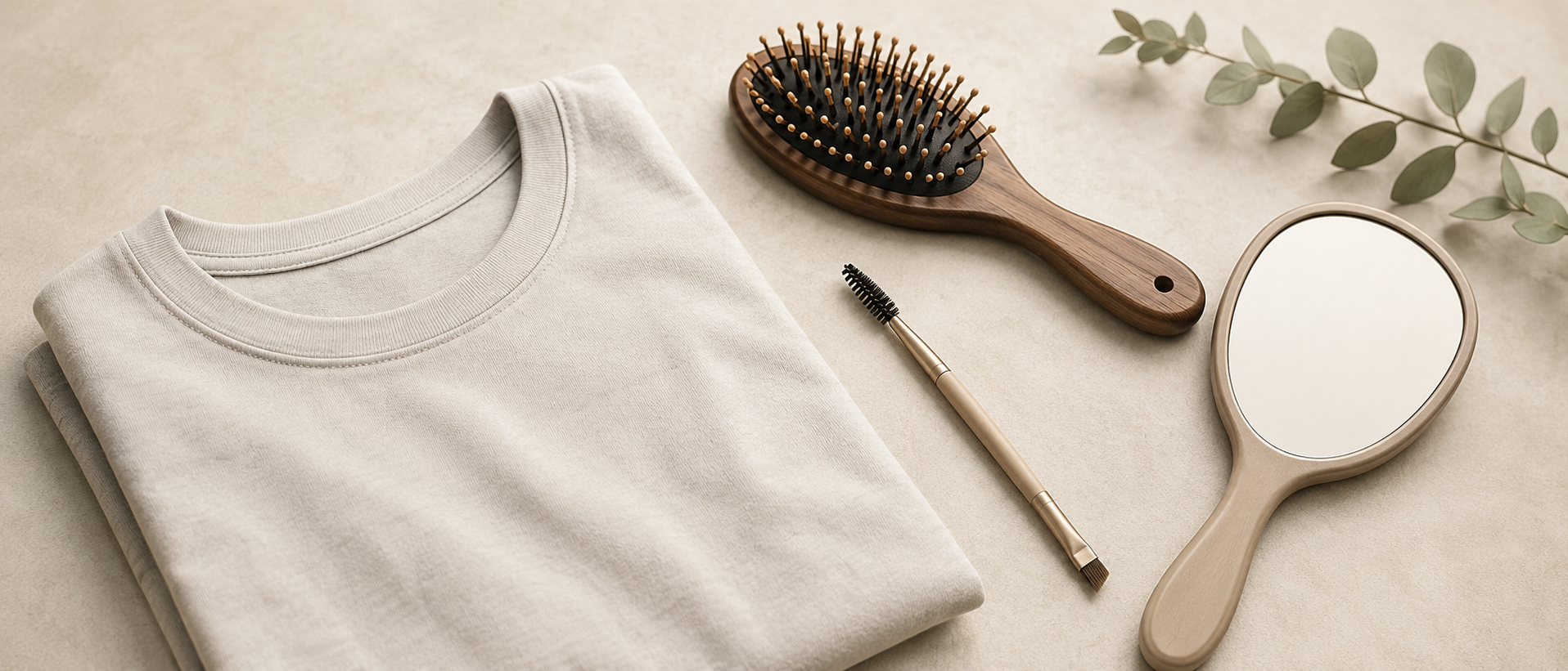 ヘアブラシ、眉用ブラシ、ベーシックなトップス、手鏡を整然と並べた静物