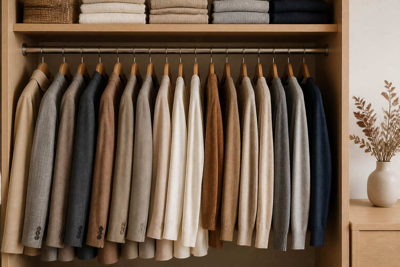 整然と整理された秋服のクローゼット、ジャケットやニットがハンガーに並んでいる状態