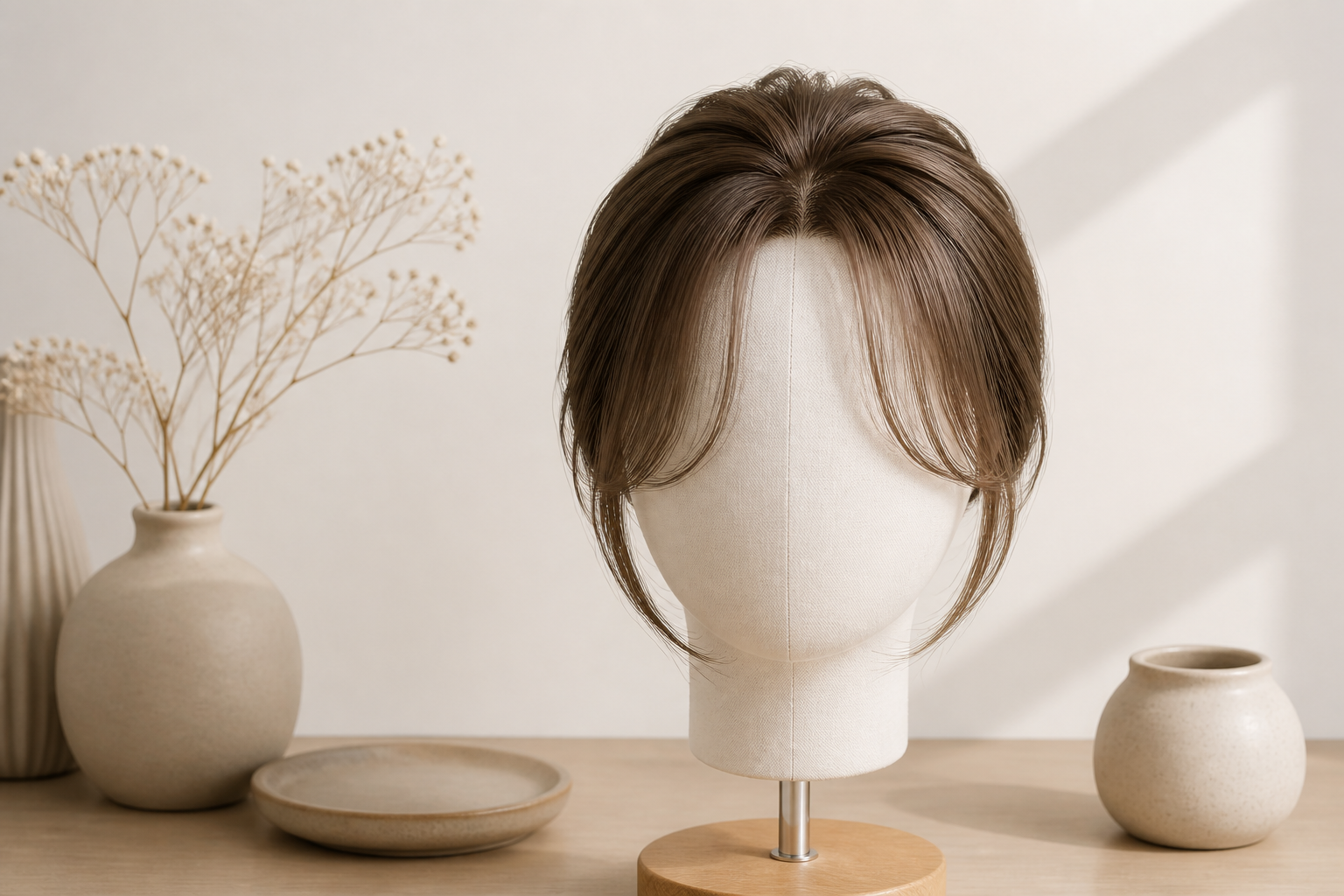 前髪の立ち上がりとサイドバングがフェイスラインを包み込むヘアスタイルの静物構図