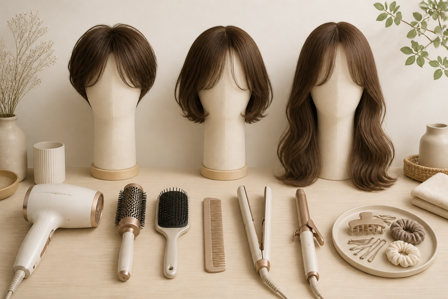 ショート、ボブ、ロングのレングス別ヘアアレンジと整えられたスタイリングツールの配置