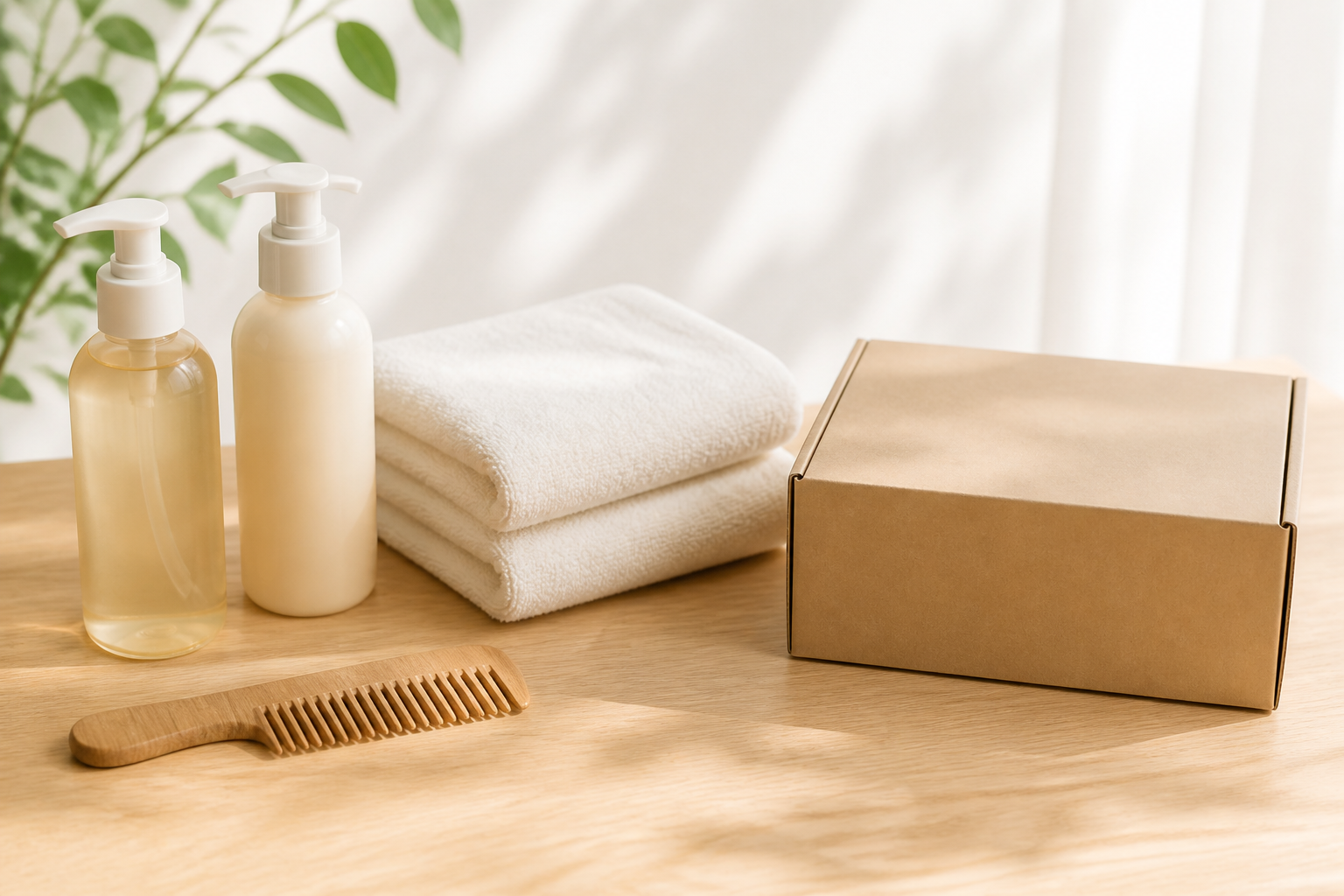 ヘアケアボトル、くし、折りたたんだタオル、閉じた配送箱を明るい木製テーブルに置いた静物構図