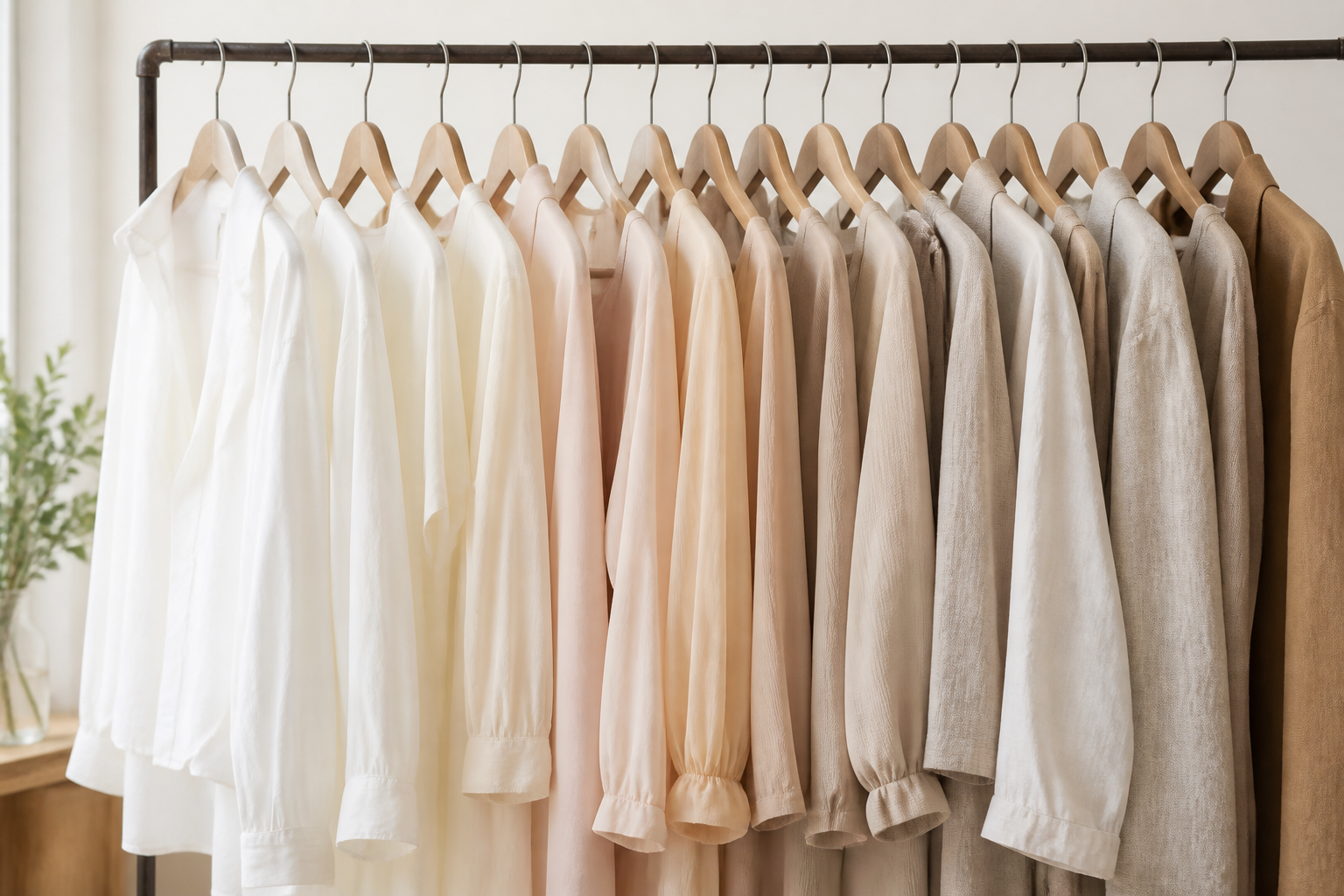 様々な素材感(ハリのあるコットン、柔らかいシフォン、風合いのあるリネンなど)の服がハンガーに並んでいるファッションラックのイメージ