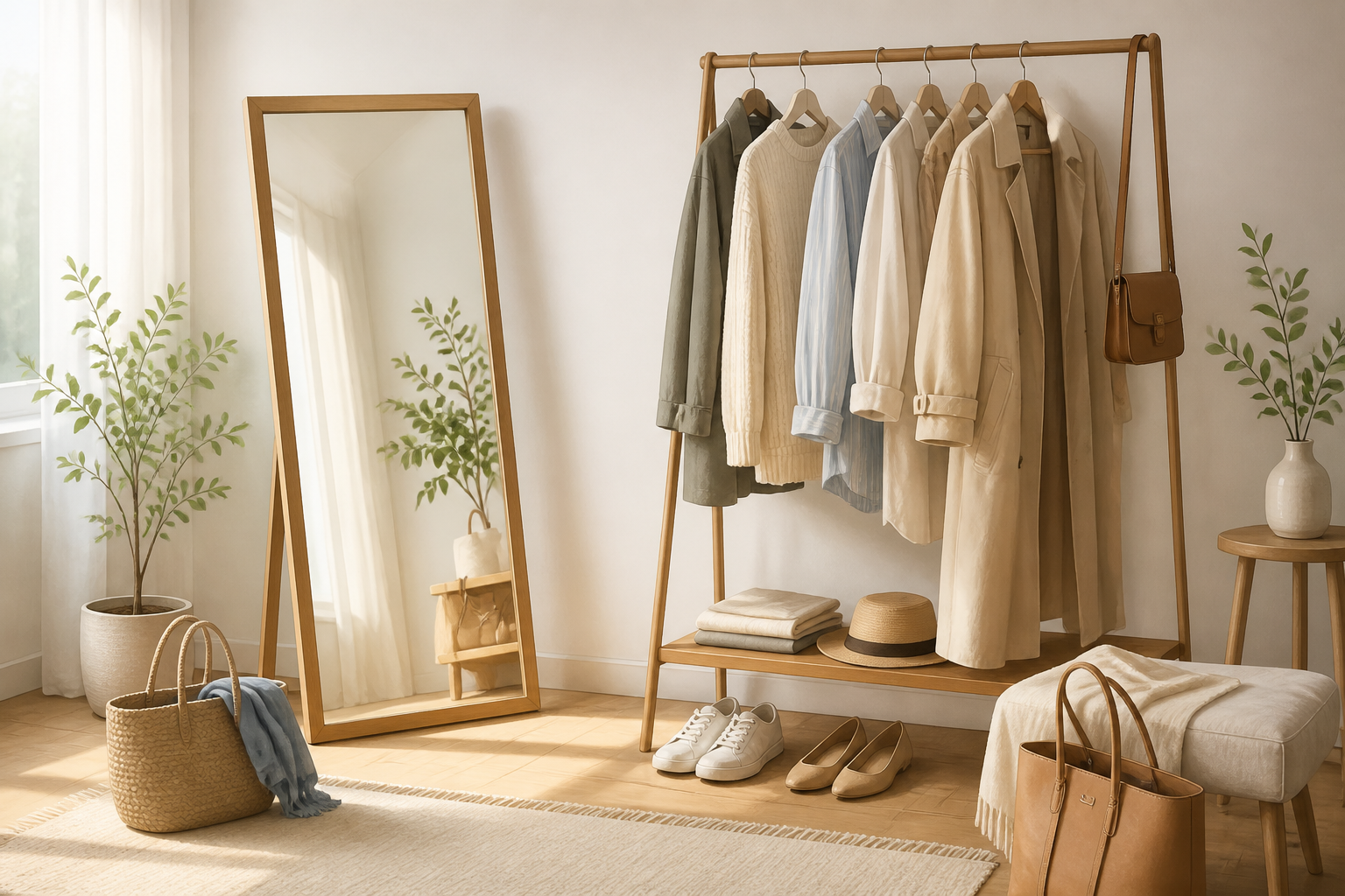 お気に入りの服を着て満足そうに全身鏡を確認し、前向きな気持ちで外出の準備を整えている日常のワンシーン