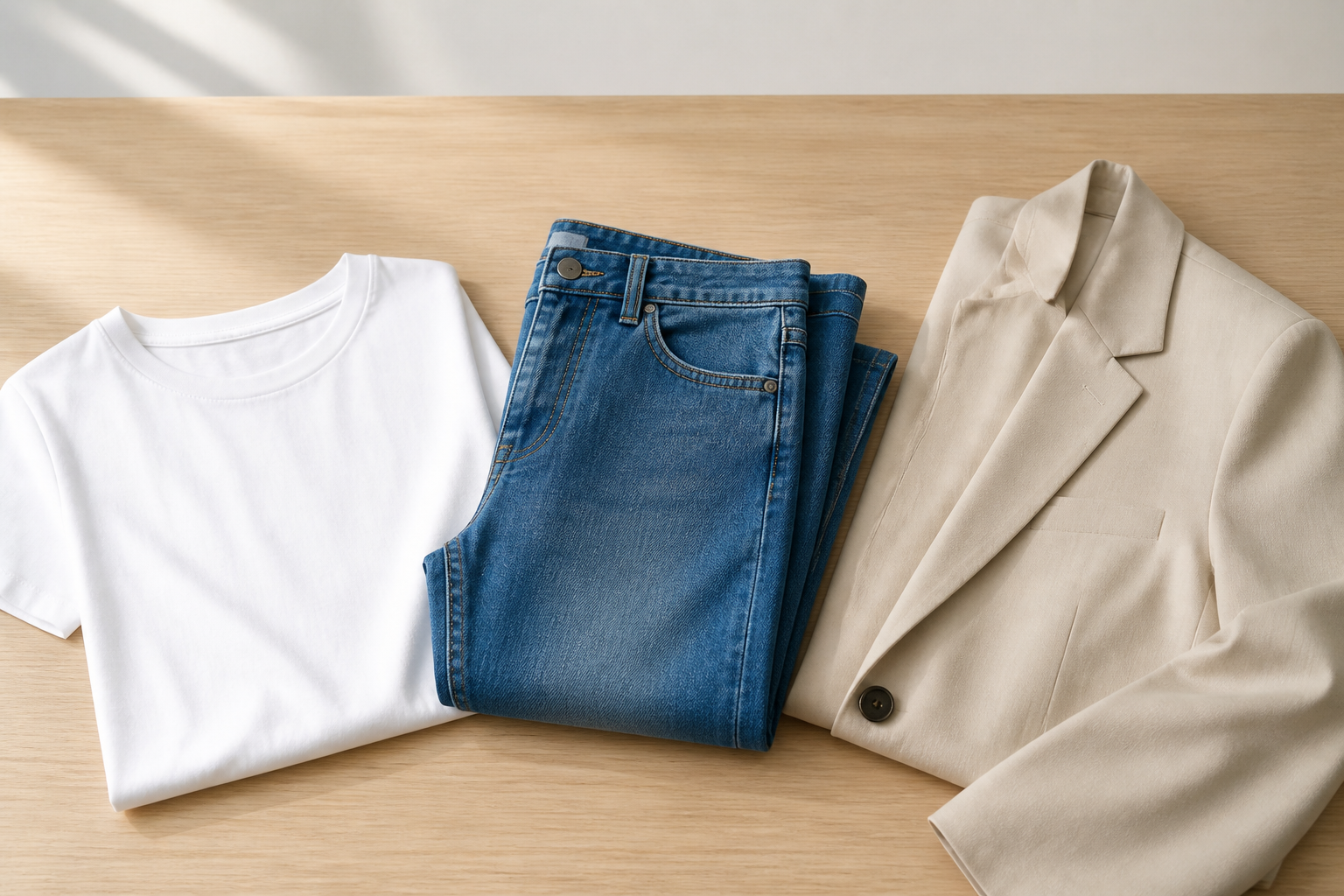 無地のTシャツ、ジーンズ、ジャケットがシンプルに置かれたデスク