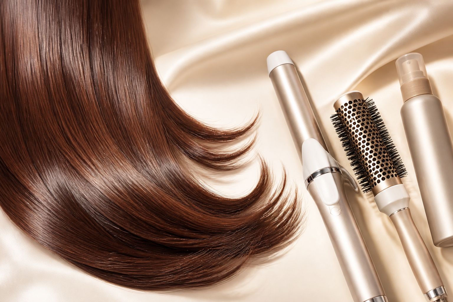 艶やかなロングヘアの毛先と洗練されたスタイリングツールの組み合わせ