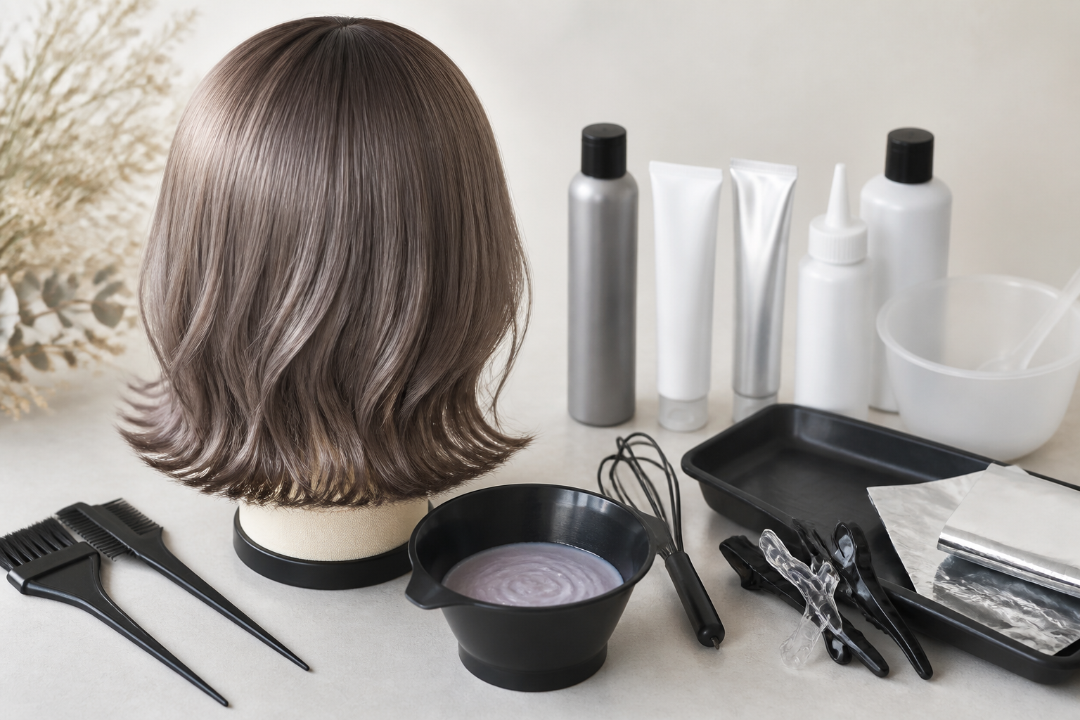 艶やかなヘアスタイリングが施されたマネキンのウィッグとカラー剤の道具一式