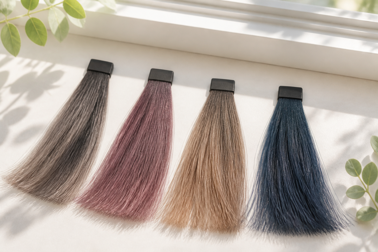 自然光が差し込む窓辺で、異なるトーンの毛束サンプル(グレージュ、ピンク、ベージュ、青)を並べた比較画像