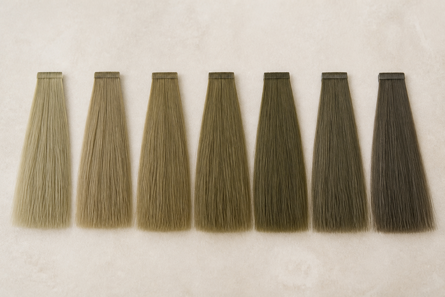 トーンの異なるオリーブベージュのヘアカラー毛束サンプルが、明るい順から暗い順へ綺麗に並べられている静物構図
