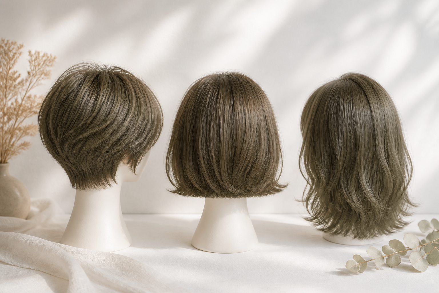ボブやショートなど異なるレングスのヘアスタイルに施されたオリーブベージュの仕上がり