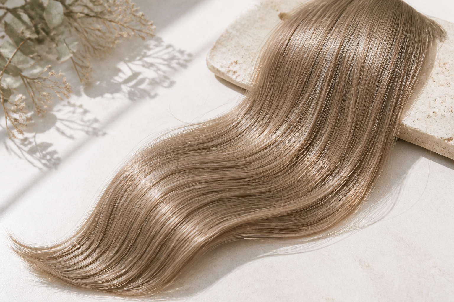 ツヤのある明るめオリーブベージュに仕上がった全体のヘアスタイル