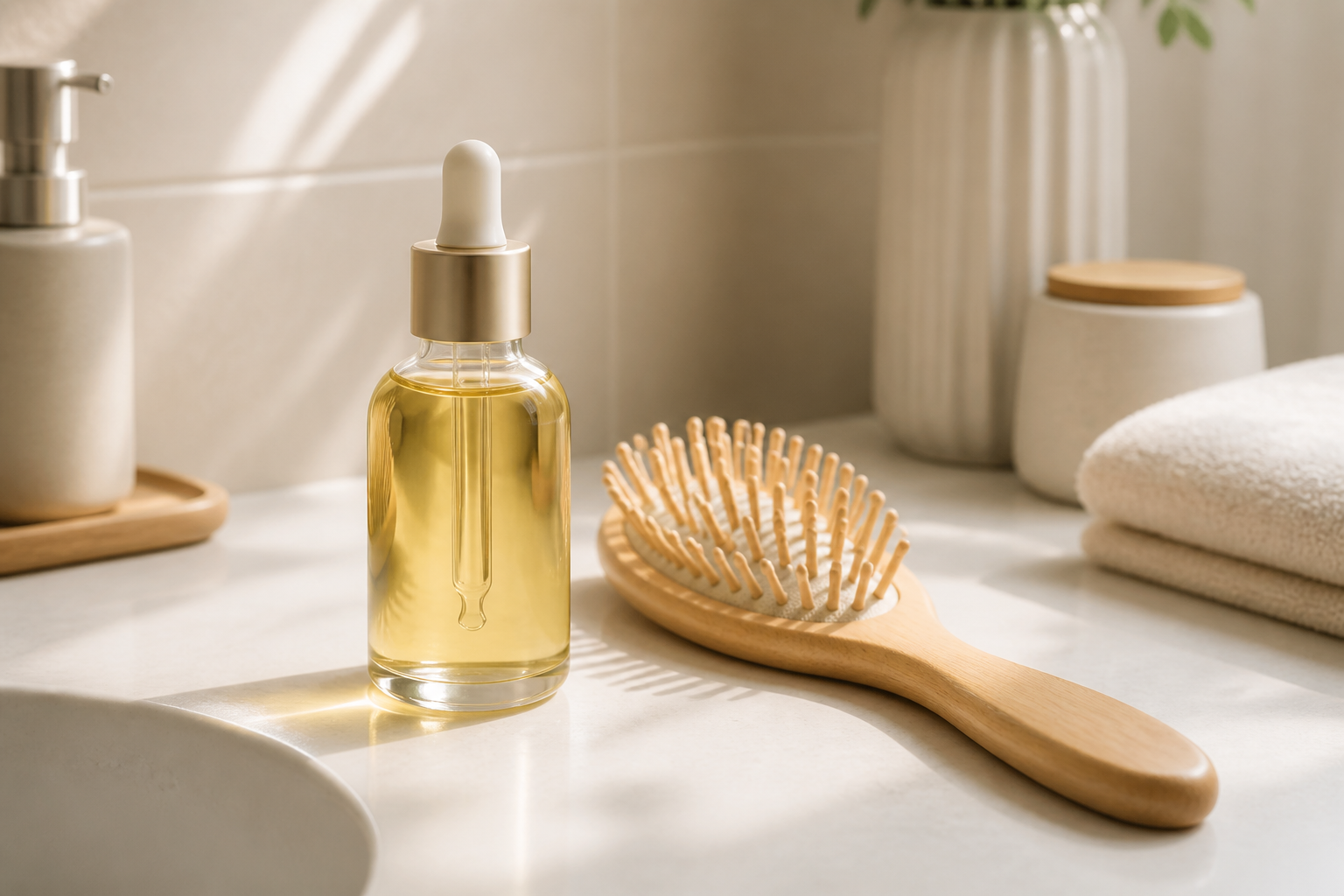 ガラス容器に入ったヘアオイルと木製のブラシが整然と並べられた洗面台の風景