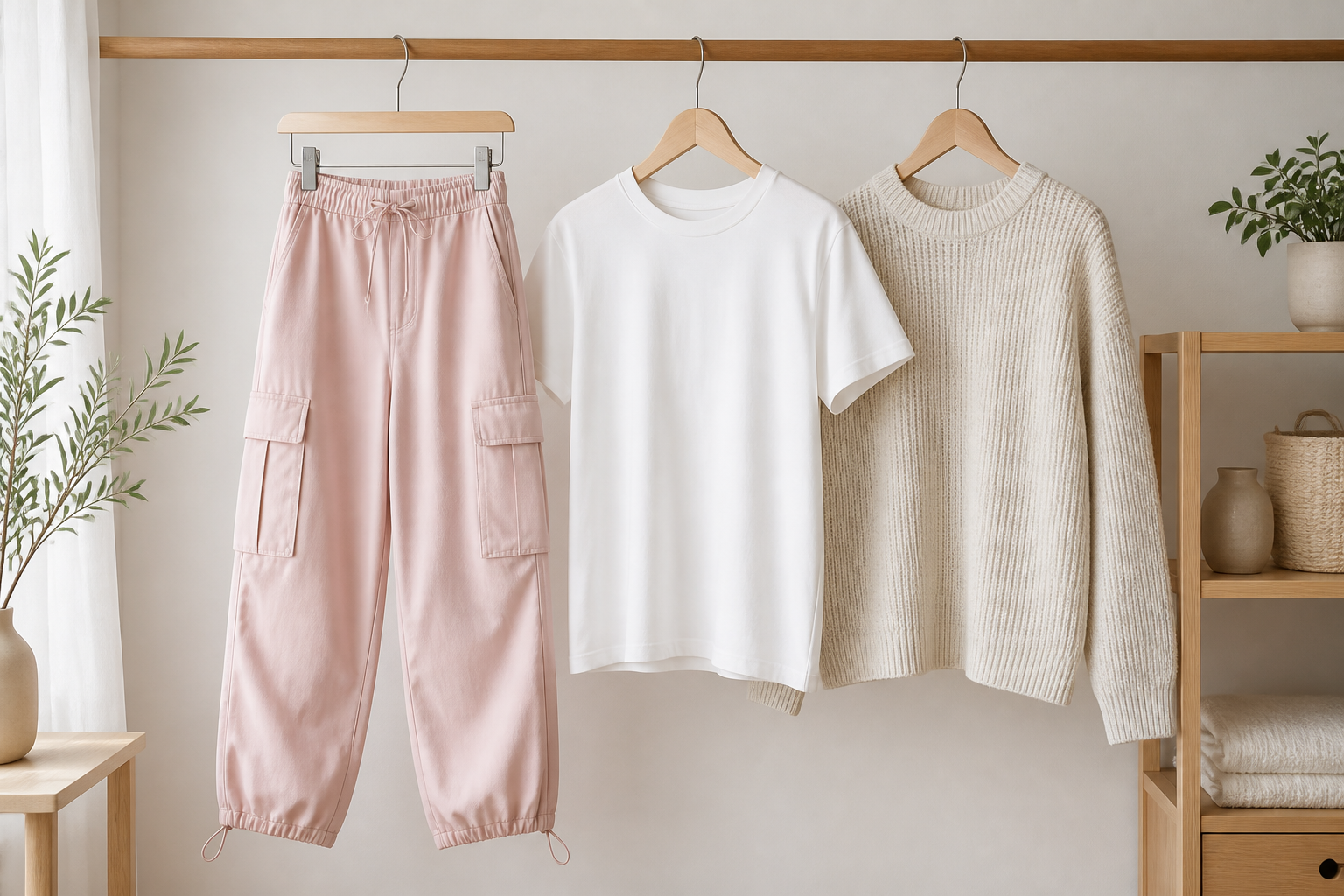 ハンガーにかかったピンクカーゴパンツと、夏用Tシャツ・冬用ニットが並ぶ季節感のある静物