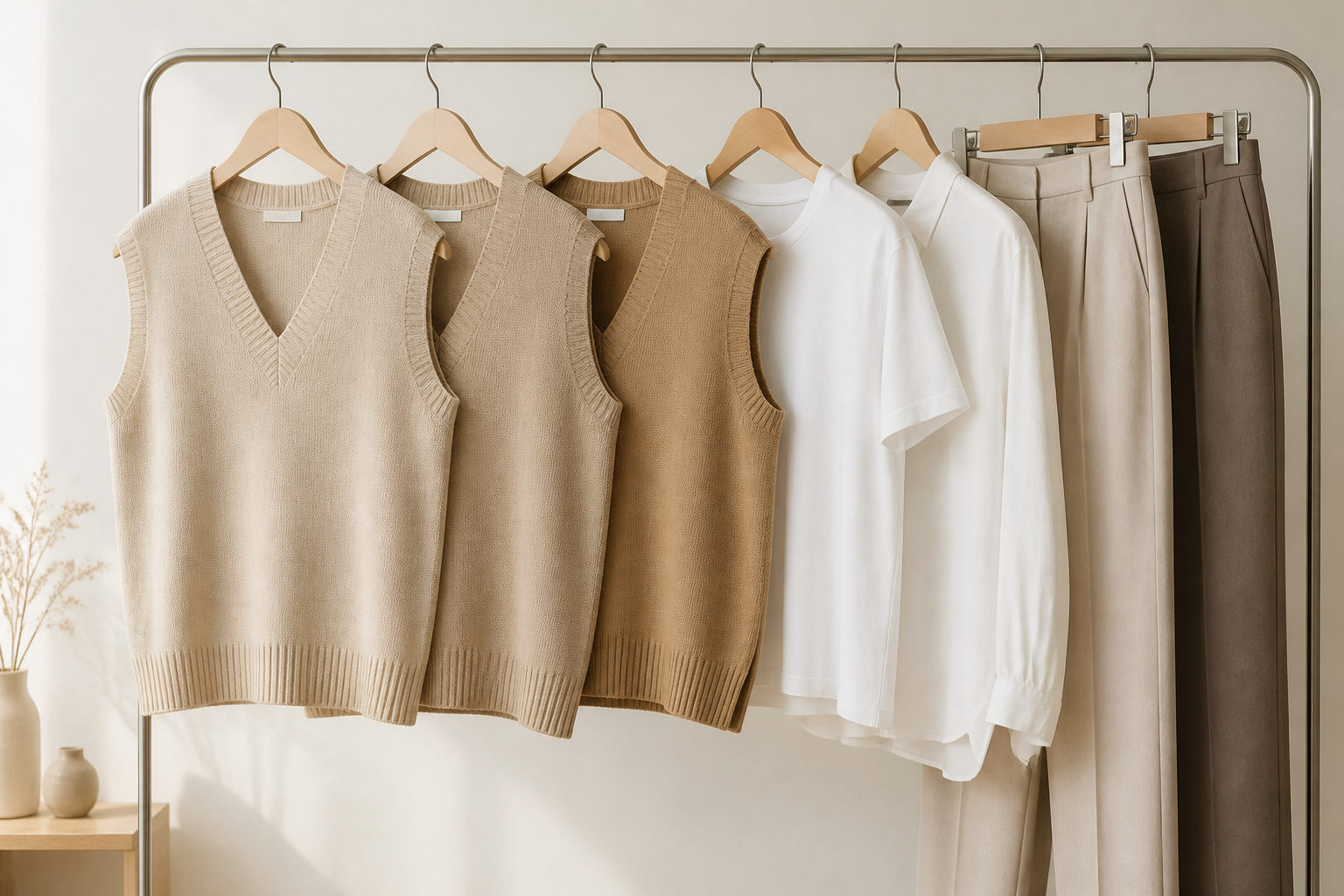 ハンガーに掛けられたトーンの異なるベージュのニットベストと、シンプルな白Tシャツやスラックス
