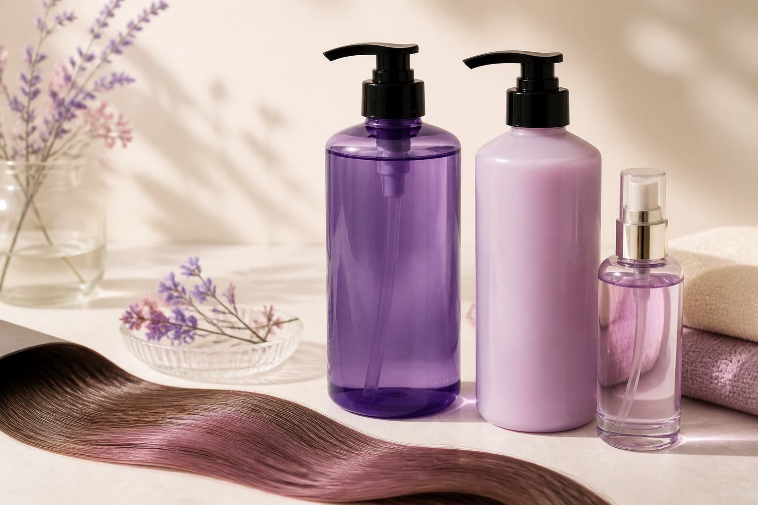 カラーケア用のシャンプーボトルとトリートメント、ツヤのある髪を保つためのヘアオイルなどの静物