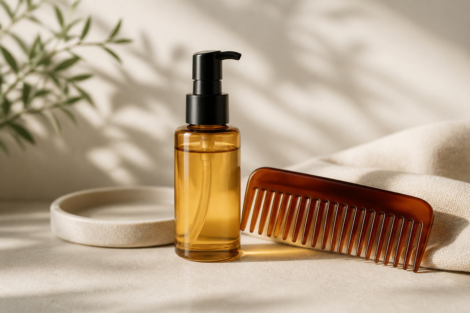 洗練されたヘアケアオイルのボトルとコームが並ぶ静物