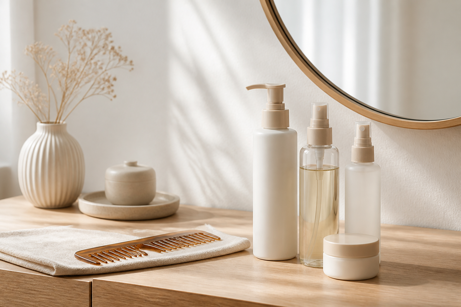 シンプルで洗練されたヘアケア製品が置かれたドレッサーの一角