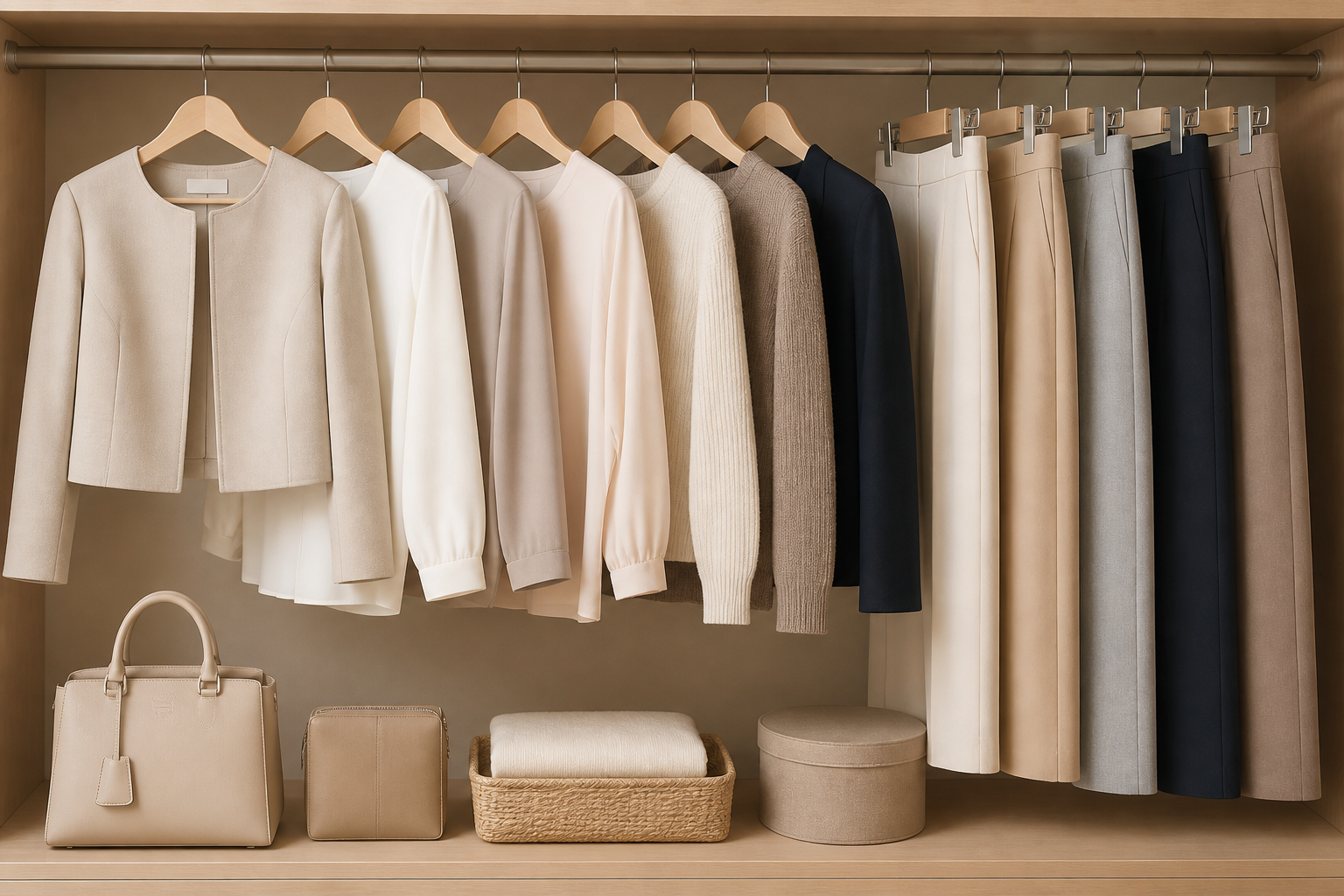 クローゼットにかかった数着の服と短丈ジャケット、コーディネートの組み合わせを考えている様子